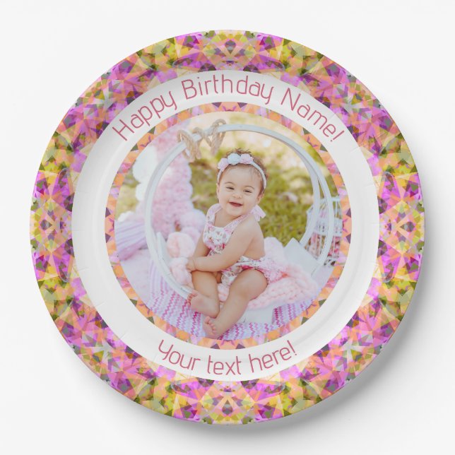 Girls Happy Birthday Summer Pink Star Custom Age Paper Plates (Front)