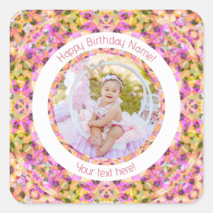Girls Happy Birthday Summer Pink Star Custom Age Square Sticker