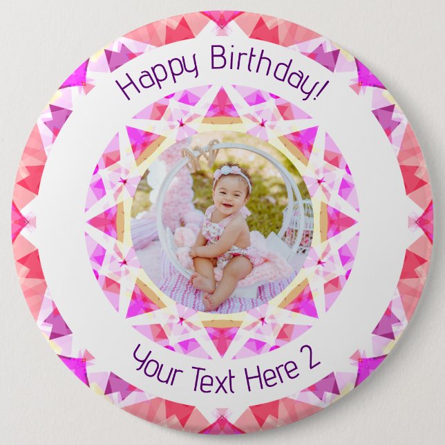 Girls Happy Birthday Vibrant Pink Star Custom Age Button (Front)