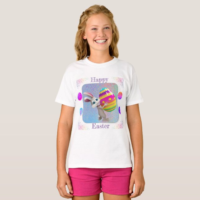 Girls Happy Easter T-Shirt - Easter Bunny w/ Egg (Front Full)