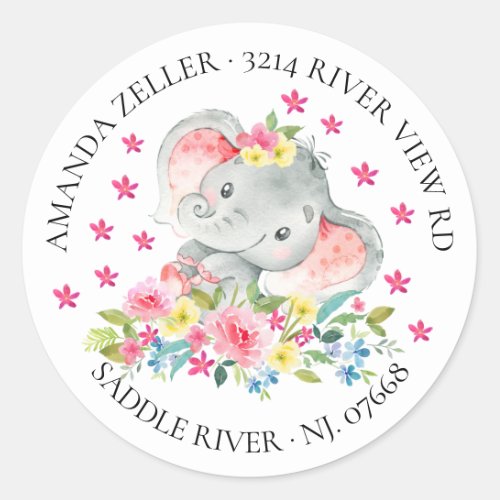 Girls Happy Elephant Baby Shower Return Address Classic Round Sticker
