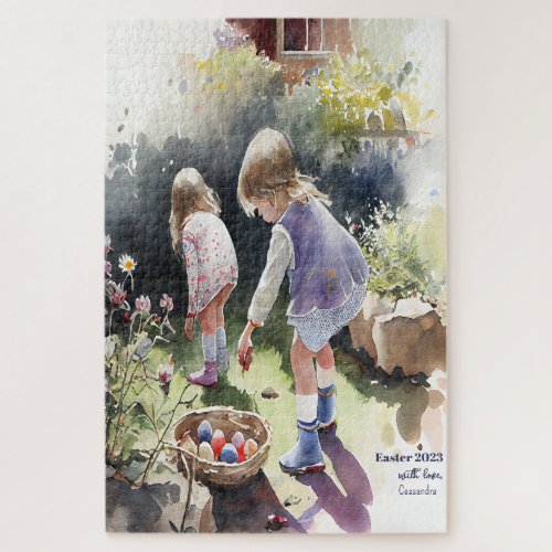 Girls Happy Exited Collecting Eggs_Easter Egg Hunt Jigsaw Puzzle