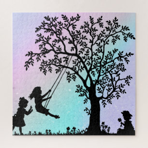 Girls having fun jigsaw puzzle