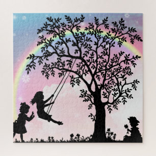 Girls having fun jigsaw puzzle