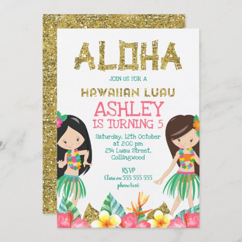 Girls Hawaiian Luau Birthday Invitation