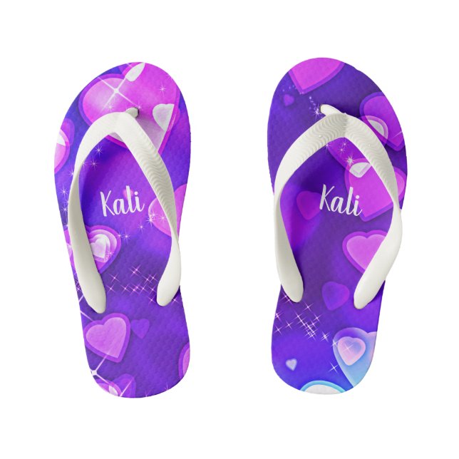 Girls Hearts & Sparkles Purple White Personalized Kid's Flip Flops (Footbed)
