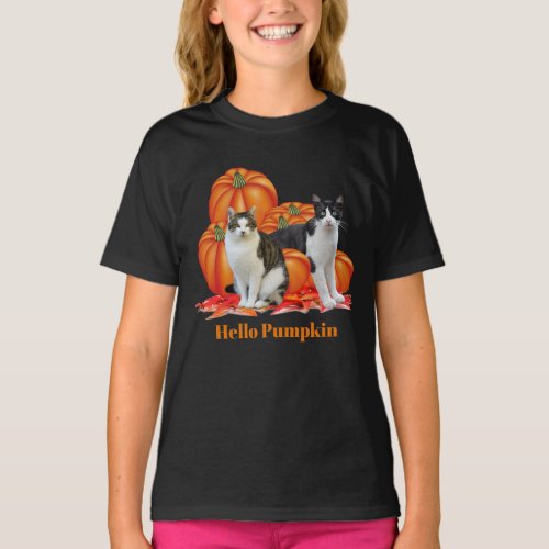 Girls Hello Pumpkin Fall Style with Cats Gray T_Shirt