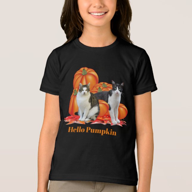 Girls Hello Pumpkin Fall Style with Cats Gray Tri-Blend Shirt (Front)