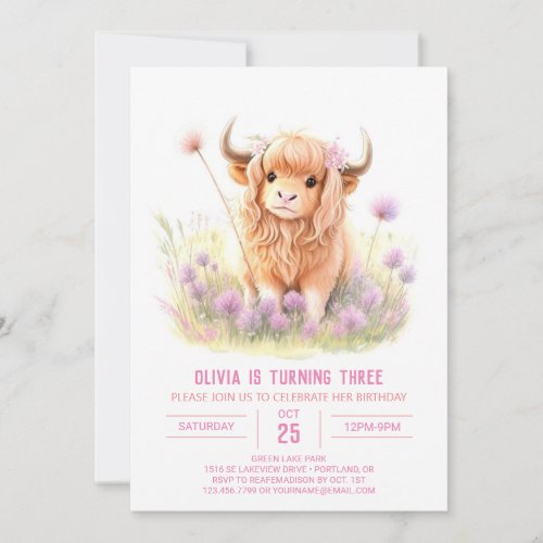 Girls Highland Cow Bliss Birthday Invitation