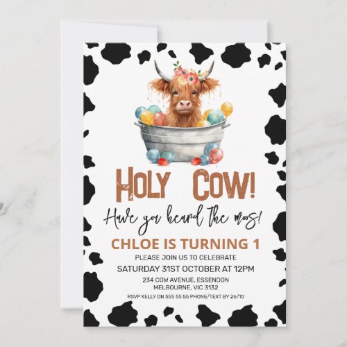 Girls Highland Cow Bucket Cow Print 1st Birthday Invitation
