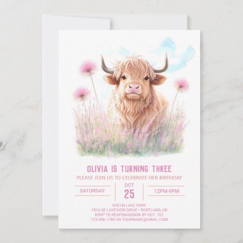 Girls Highland Cow Dream Birthday Invitation