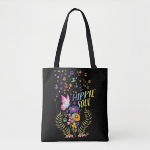 Girls Hippie 60s 70s Colorful Flowers Peace Signs Tote Bag