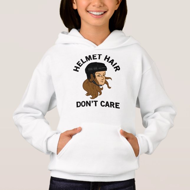 Girls Hockey Helmet Hair Don't Care Brunette Hoodie (Front)