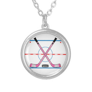 Girls Hockey Rink Center Ice Pink Hockey Sticks Silver Plated Necklace