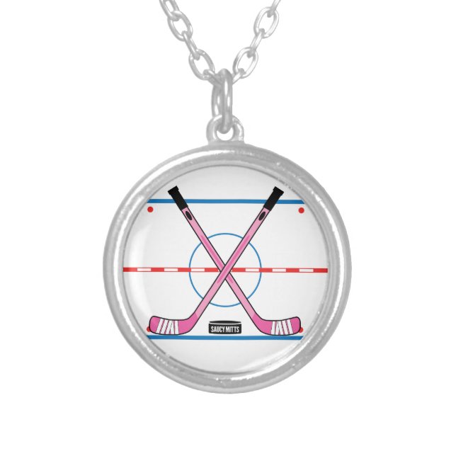 Girls Hockey Rink Center Ice Pink Hockey Sticks Silver Plated Necklace (Front)