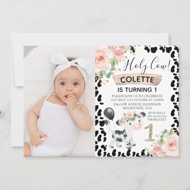 Girls Holy Cow and Cow Print Photo 1st Birthday Invitation (Front)