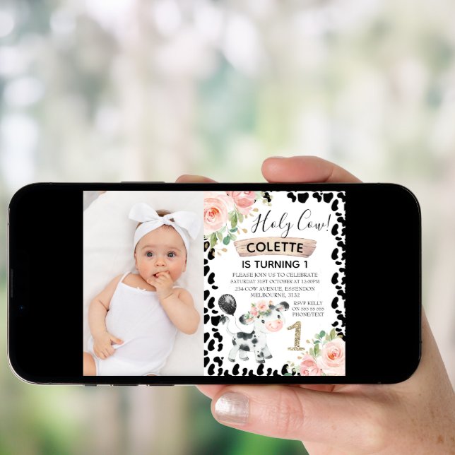 Girls Holy Cow and Cow Print Photo 1st Birthday Invitation (Front Digital)