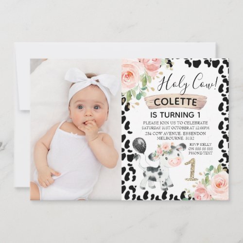 Girls Holy Cow and Cow Print Photo 1st Birthday Invitation