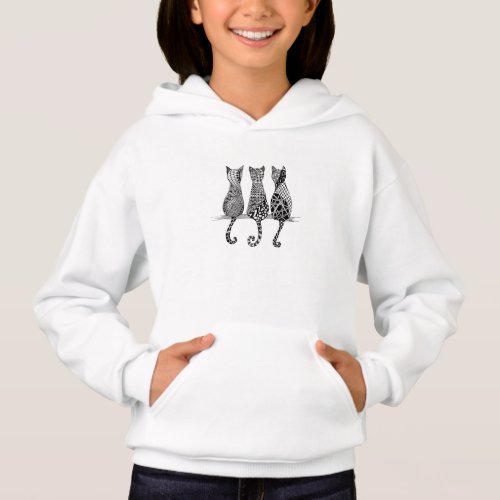 Girls Hoodie with Three Black and White Cats