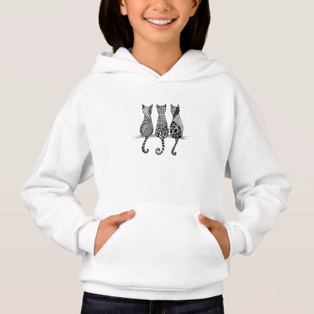 Girls Hoodie with Three Black and White Cats (Front)