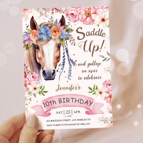 Girls Horse 10th Birthday Pink Floral Cowgirl Invitation