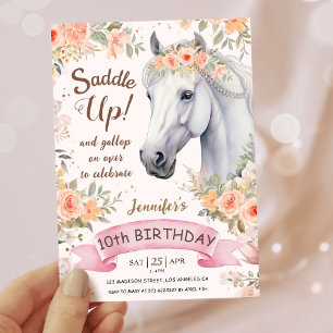 Girls Horse 10th Birthday Pink Floral Saddle Up Invitation
