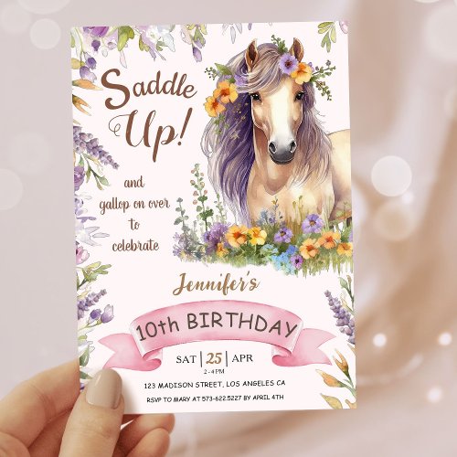 Girls Horse 10th Birthday Purple Floral Saddle Up Invitation