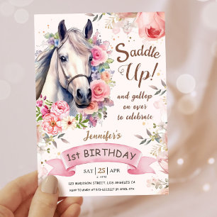 Girls Horse 1st Birthday Bloom Flowers Saddle Up! Invitation