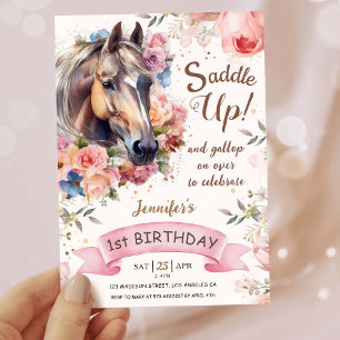 Girls Horse 1st Birthday Cowgirl Saddle Up!   Invitation