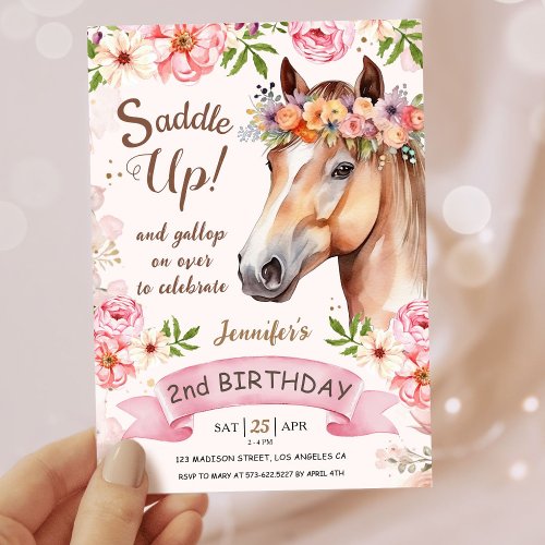 Girls Horse 2nd Birthday Floral Saddle Up Invitation