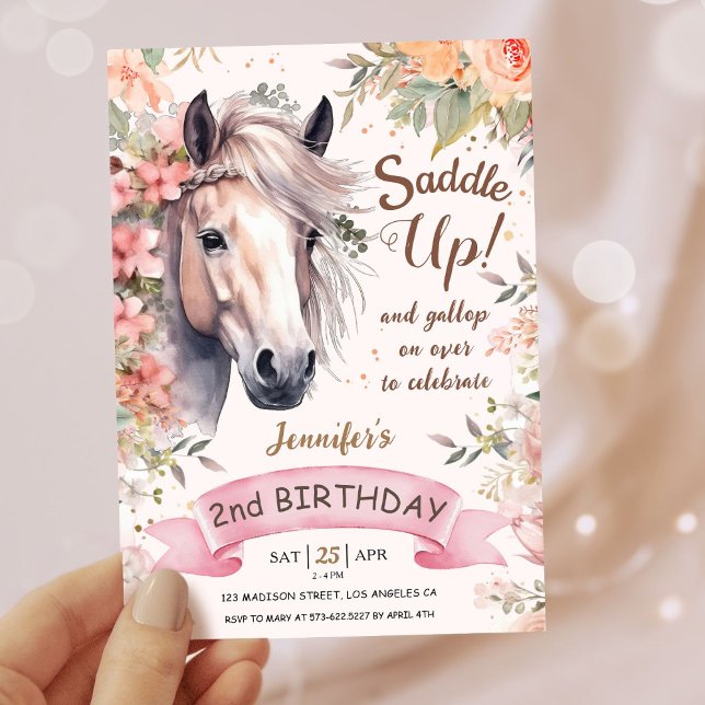 Girls Horse 2nd Birthday Floral Wild Saddle Up Invitation (Creator Uploaded)