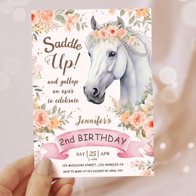 Girls Horse 2nd Birthday Pink Floral Saddle Up Invitation (Creator Uploaded)