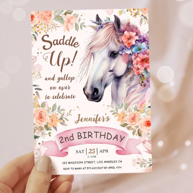 Girls Horse 2nd Birthday Pink Flowers Saddle Up!  Invitation (Creator Uploaded)