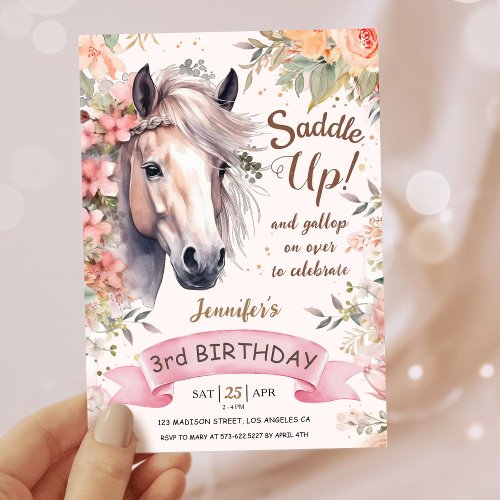 Girls Horse 3rd Birthday Floral Wild Saddle Up Invitation