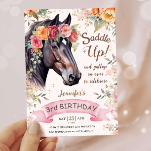 Girls Horse 3rd Birthday Pink Cowgirl Saddle Up Invitation