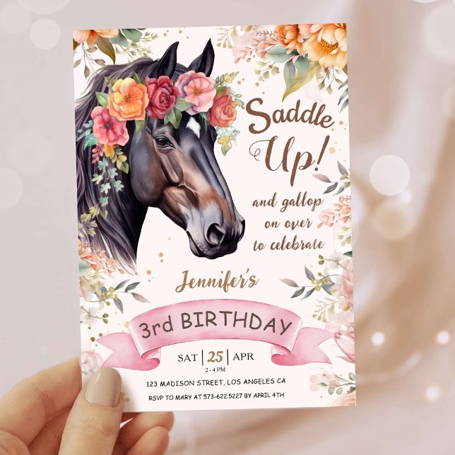 Girls Horse 3rd Birthday  Pink Cowgirl Saddle Up Invitation (Creator Uploaded)