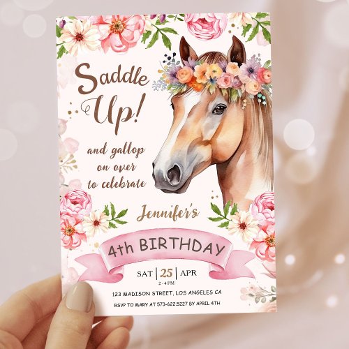 Girls Horse 4th Birthday Floral Saddle Up Invitation