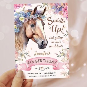Girls Horse 4th Birthday Floral Saddle Up! Invitation