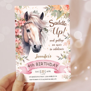 Girls Horse 4th Birthday Floral Wild Saddle Up Invitation