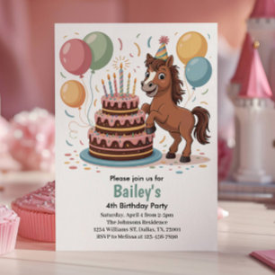 Girls Horse 4th Birthday Party Invitation