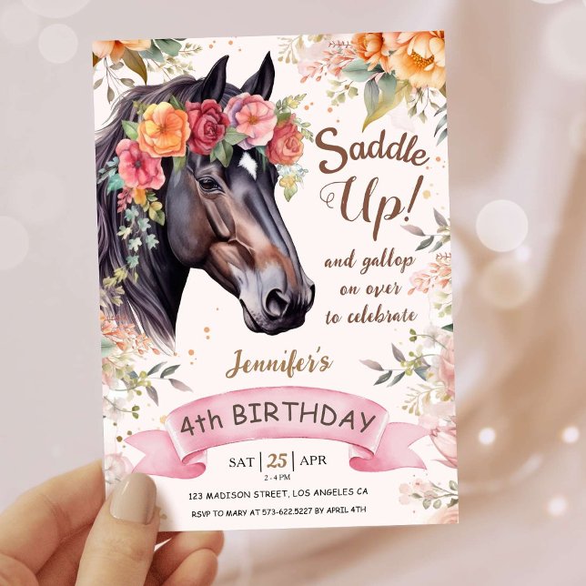 Girls Horse 4th Birthday  Pink Cowgirl Saddle Up Invitation (Creator Uploaded)