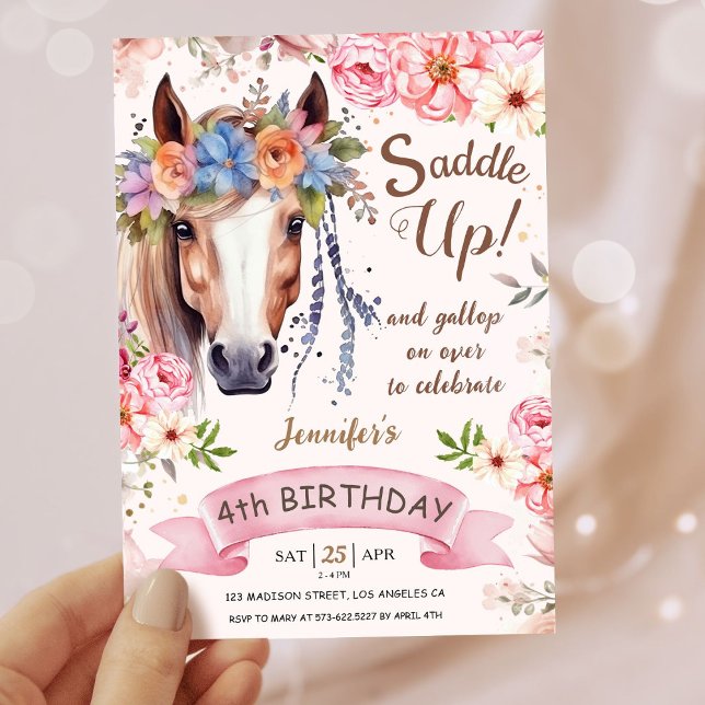 Girls Horse 4th Birthday Pink Floral Cowgirl Invitation (Creator Uploaded)