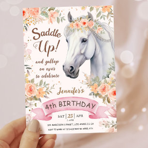 Girls Horse 4th Birthday Pink Floral Saddle Up Invitation