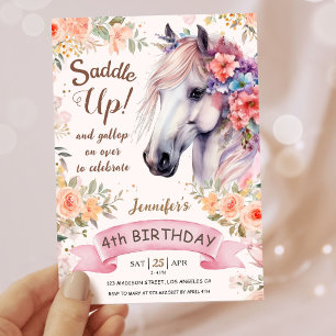 Girls Horse 4th Birthday Pink Flowers Saddle Up!  Invitation