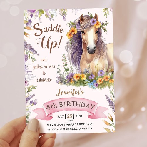 Girls Horse 4th Birthday Purple Floral Saddle Up Invitation