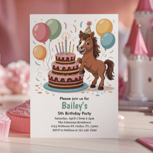 Girls Horse 5th Birthday Party Invitation