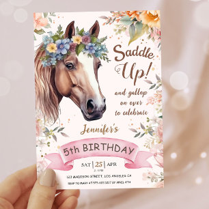 Girls Horse 5th Birthday Pink Floral Saddle Up   Invitation
