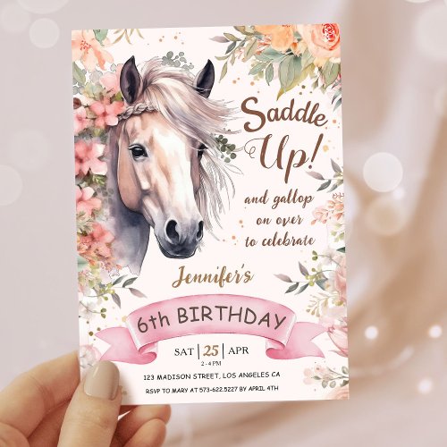 Girls Horse 6th Birthday Floral Wild Saddle Up Invitation