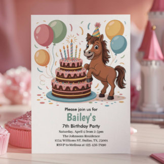 Girls Horse 7th Birthday Party Invitation