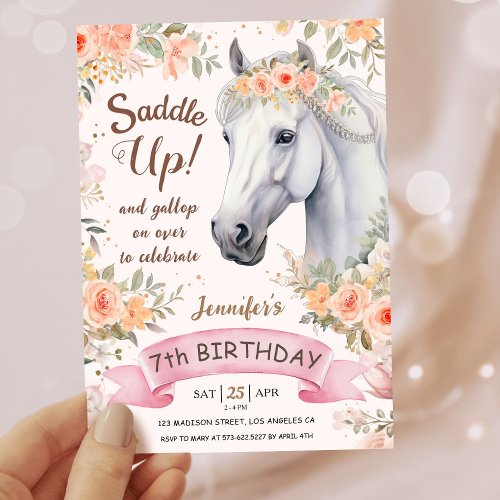 Girls Horse 7th Birthday Pink Floral Saddle Up Invitation